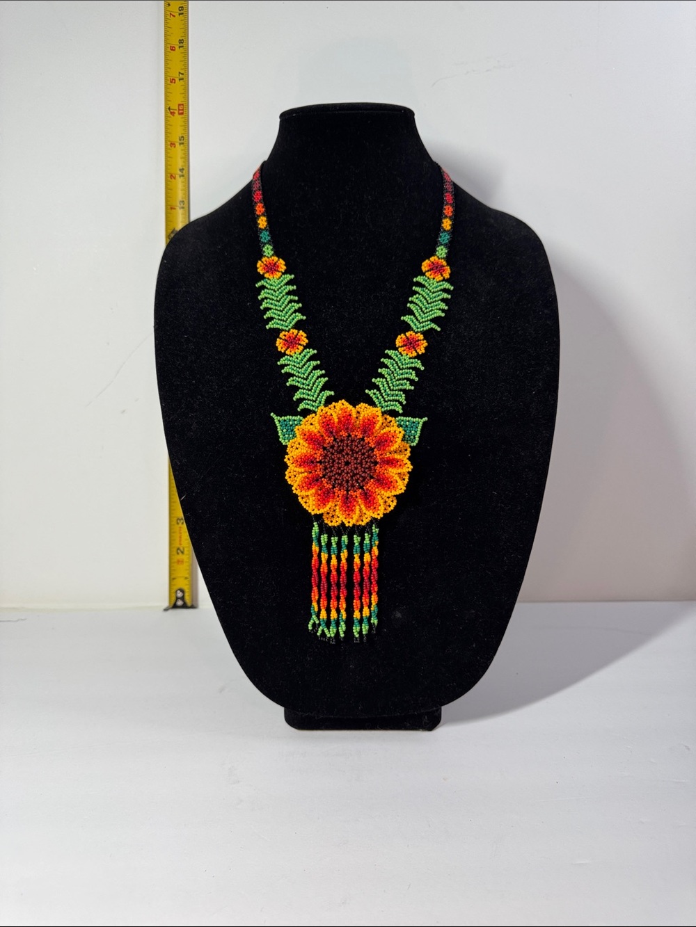Handmade Beaded Sunflower Necklace - Orange & Green